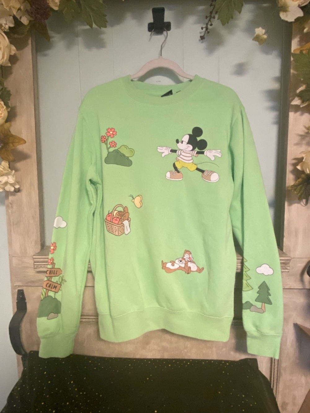 EUC Disney Mickey Goofy Chip Dale Yoga Calm Graphic Crewneck Sweatshirt SMALL